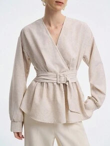 Aalyst Women's Elegant Beige Autumn Linen Cotton Blend V-Neck Ruffle Hem Lantern Sleeve Blouse,Minimalist Office Fashionable Commuting Dual-Color Fall Top - Apricot - View 3