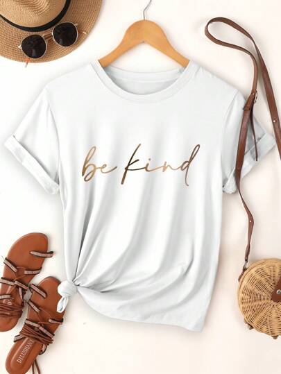 Zolique 女士字母印花圆领短袖 T 恤，适合日常穿着，春夏图案 T 恤女士上衣