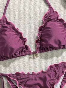 SHEIN Swim 2件套夏季度假闪亮纯色金色海星贝壳装饰挂脖荷叶边三角比基尼上衣和侧系带泳裤性感泳衣套装 - 中紫紅色 - 查看 3