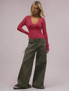 MUSERA V Neck Wrap Front Knit Long Sleeve Sweater Top Elegant Spring Vacation Cute Sexy 90's Summer Pastel Sweet Airport Holiday Fall Autumn Winter Everyday  Evening Party Elegant New Year - Red - View 4