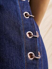 Easelle 休闲时尚不对称领口收腰女式牛仔连衣裙 - 深色水洗藍 - 查看 11