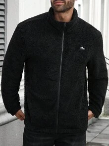 Manfinity Homme Sudadera con cremallera casual con forro térmico y estampado de letras, para hombre de talla grande, para otoño/invierno, de manga larga