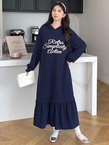 SHEIN 少女学院风字母图案荷叶边下摆连帽连衣裙 - 藏蓝色 - 查看 4