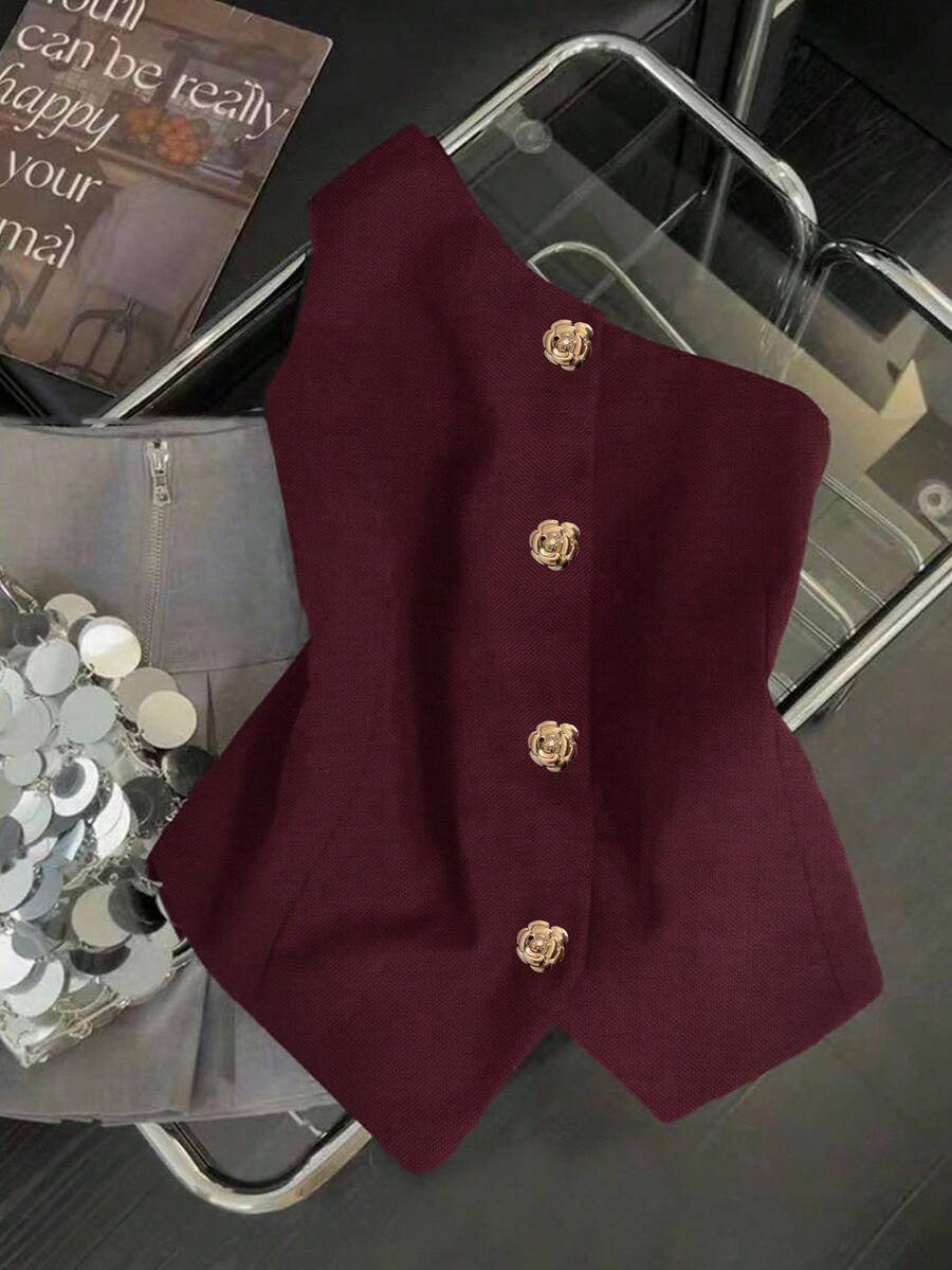 Franclia 时尚优雅的 S 形性感不对称领口金属扣装饰黑色女式衬衫，春夏 - 紅木色 - 查看 1