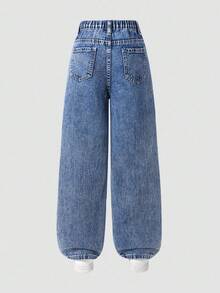 Denimly Tween 女童休闲日常都市街头学院风浅色水洗蝴蝶印花设计腰部松紧腰拉链门襟阔腿破洞牛仔裤 - 深色水洗藍 - 查看 2