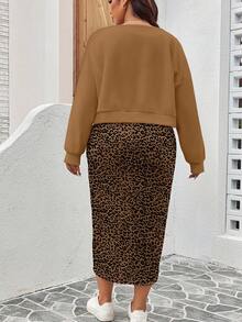 EMERY ROSE Back To School & Teacher's Day Plus Size Women Casual All-Over Leopard Print Sweatshirt Dress 2 Pieces Set, Autumn/Winter