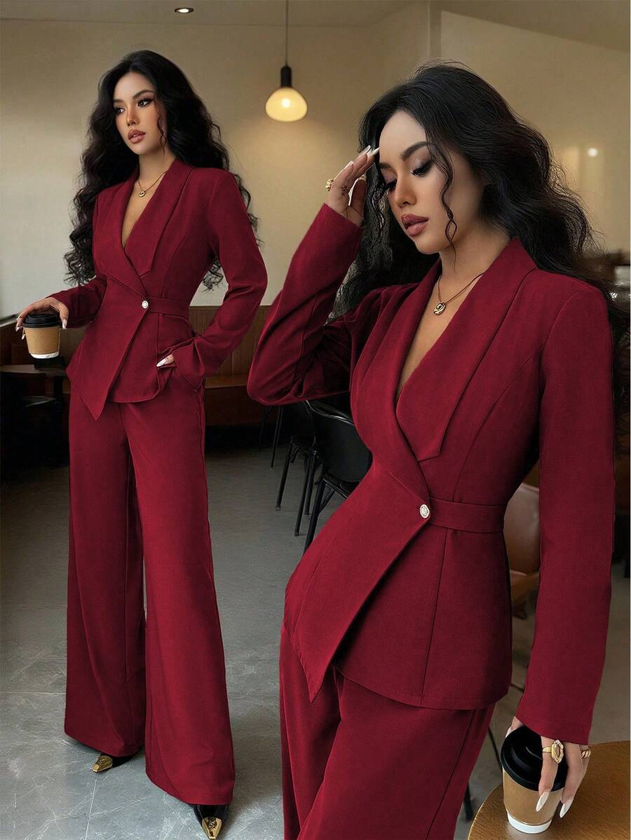 Elenzga Women's Elegant Lapel V-Neck Long Sleeve Unique Design Waist Belt Buttoned High-End Blazer Jacket And Straight Wide-Leg Pants Two Pieces Suit, Suitable For Work Commute In Autumn