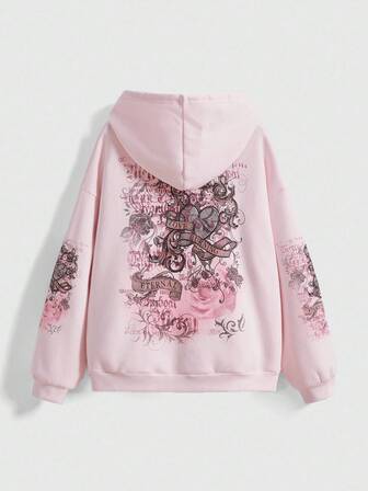 Grunge Punk Vintage Romantic Rose Floral Vine Heart Rhinestone Embellished Pullover Sweatshirt, Autumn/Winter