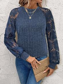 SHEIN Clasi Women's Fuzzy Patchwork Sunflower Lace Blouse,Fall - Blue - View 3