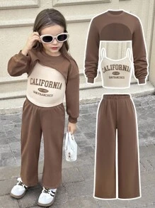 SHEIN Bộ ba món áo ba lỗ cổ tròn in họa tiết thể thao thường ngày cho bé gái & áo & quần dài ống rộng, trang phục thu đông, trang phục thường ngày, mùa tựu trường, trang phục mùa thu - màu nâu - Xem 9