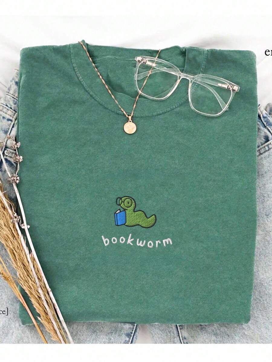 INAWLY Plus Size Women's Letter & Bug Embroidery Round Neck Short Sleeve Casual Versatile T-Shirt