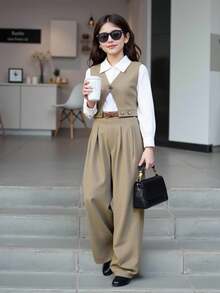SHEIN Tween Girl Fashion Commuter 2 In 1 Long Sleeve Shirt And Wide Leg Pants Set, Autumn/Spring (Belt Not Included) Fall Winter - Khaki - View 1