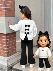 SHEIN Young Girl Loose Casual Minimalist Comfortable Round Neck Long Sleeve Bow Decor Sweatshirt And Flared Pants Set Girls Bell Bottom Outfit Bell Bottom Outfits For Kids Bow Tops For Girls Flare Pants Set Kids Girls Bow Back Top Back To School Kids Bow Outfits Girl Long Sleeves Outfits Sweatshirt Set For Girl Fall Winter - Pink - View 6