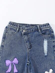 Denimly Tween 女童休闲日常都市街头学院风浅色水洗蝴蝶印花设计腰部松紧腰拉链门襟阔腿破洞牛仔裤 - 深色水洗藍 - 查看 4