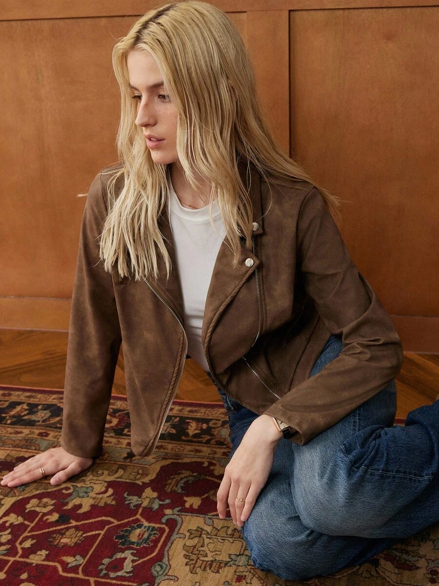 Écloséra Áo khoác mỏng phong cách cổ điển thanh lịch màu nâu cổ điển thời trang cổ điển bất đối xứng cổ áo bốn nút dài tay khóa kéo PU mùa xuân và mùa thu cho nữ quần áo mùa thu cổ điển phù hợp với công việc thành thị đi chơi áo khoác vải mùa thu đông cho phụ nữ - màu nâu - Xem 1