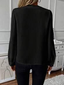 EMERY ROSE Ruffle Trim Lantern Sleeve Blouse Women Shirt Fall Cloth For Women - Black - View 2