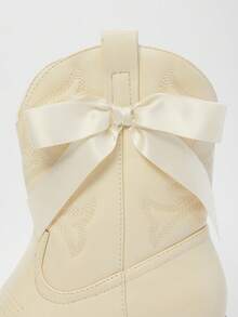 Solezae Women Comfortable Almond Toe Block Heel Western Boots With Ribbon Bowknot - Beige - View 8