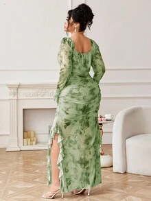 Modelyn Đầm lưới in hoa xẻ tà gợi cảm thanh lịch cho nữ - màu xanh lá - Xem 2