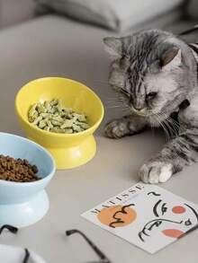 PETSIN 1个高脚陶瓷碗猫碗狗碗宠物碗斜口保护颈部防止翻倒猫碗饮水食盆宠物用品 - 高腳碗款 - 查看 3