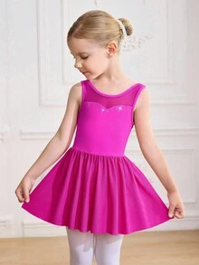 小女孩芭蕾舞裙，正面有水钻装饰，网眼拼布设计，学校比赛芭蕾舞裙，可爱的紫红色，蓬松下摆舞蹈紧身衣