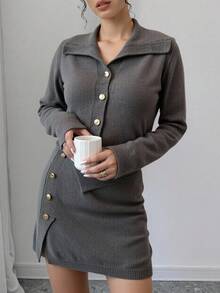 Franclia 女式长袖单排扣深灰色开衫和针织紧身迷你裙套装，秋冬 - 深灰色 - 查看 8
