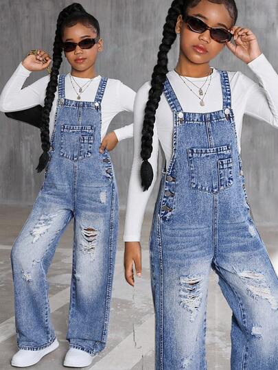 Tween Girl Retro Vintage Personalized Fashion All Season Blue Distressed Straight Leg Adjustable Strap Denim Jeans, Casual Vacation Y2K Aesthetic, School, Streetwear, Daily Wear Girls Jean Overalls Teen Girls Overalls Tween Girls Denim Overalls Ripped Jeans Overalls Girls Halloween Autumn Summer Casual Fall Winter