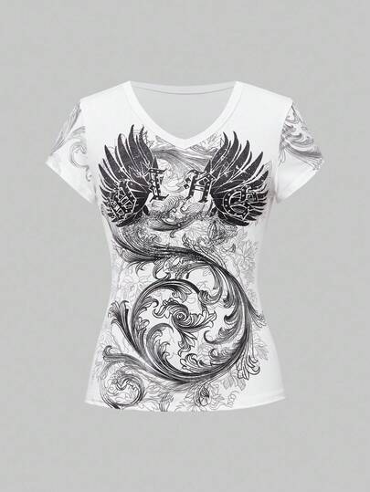 Fairycore Maglietta casual da donna a maniche lunghe con scollo a V, con stampa di lettere e ali, per primavera/estate