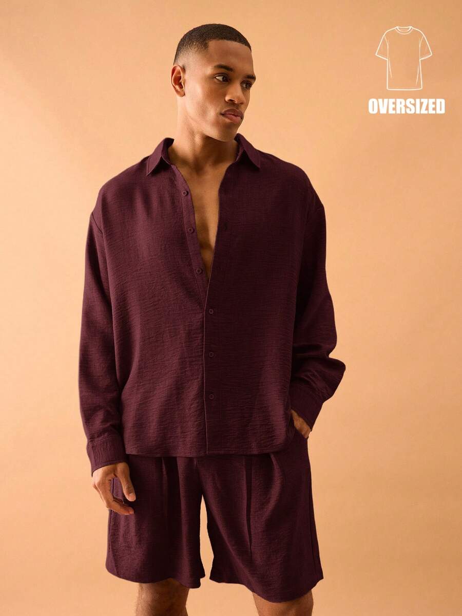 Musero Oversized Linen Button Through Long Sleeve Shirt Only Summer Smart Streetstyle Vacation Spring&Summer - Burgundy - View 1