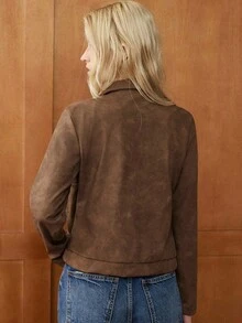 Écloséra 复古风优雅复古棕色时尚不对称领口四粒扣长袖PU拉链春秋女装薄外套复古女装秋装搭配商务都市外出夹克秋冬女装