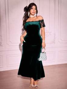 Viva Relle 大码女式优雅蕾丝拼接鱼尾下摆短袖派对连衣裙，适合情人节圣诞派对 - 綠色 - 查看 6