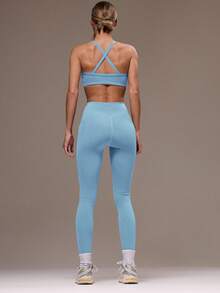 Musera Sport 运动女士交叉露背上衣和紧身裤运动套装 健身房瑜伽普拉提日常健身 - 藍色 - 查看 2