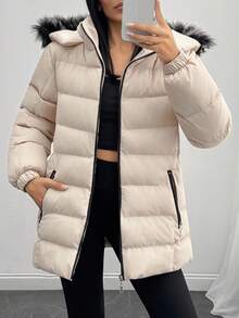 EURMUSE Zip Up Slant Pocket Padded Coat With Fuzzy Trim Fur Hood - Brown - View 3