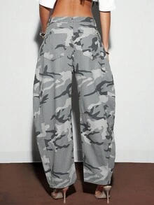 Denimoi 女式口袋迷彩图案宽松直筒牛仔裤 - 灰色 - 查看 3