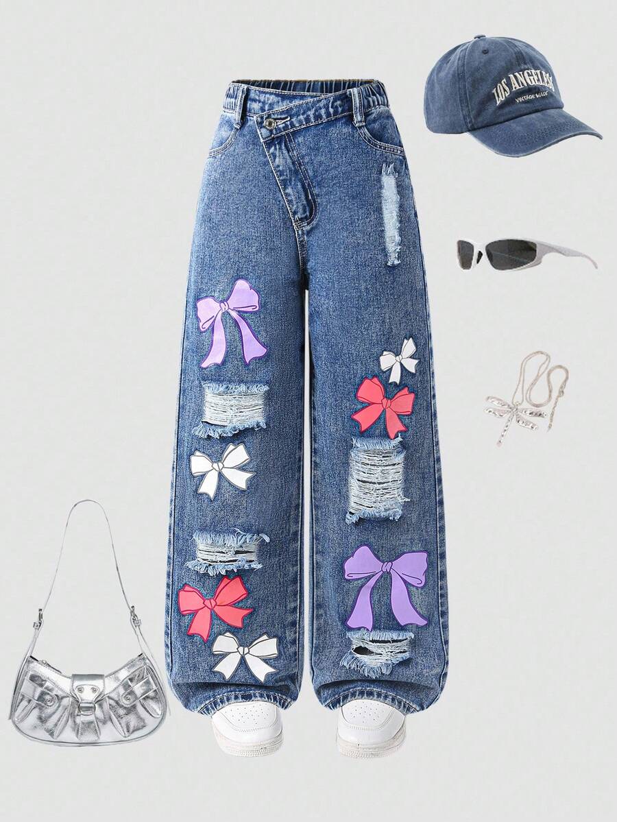 Denimly Tween 女童休闲日常都市街头学院风浅色水洗蝴蝶印花设计腰部松紧腰拉链门襟阔腿破洞牛仔裤 - 深色水洗藍 - 查看 1