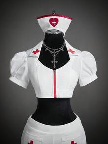 SHEIN ICON Women's Halloween Nurse Costume Set, Cross Decor Short Sleeve Cropped Zip-Up Top And Low-Waist Mini Skirt, Bodycon Sexy Cosplay Outfit