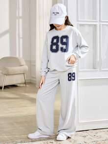 SHEIN Girlism 青少年女孩休闲学院街头风格字母和数字图形印花圆领套头连帽衫和高腰阔腿直筒针织裤套装，灰色返校装 - 淺灰色 - 查看 11