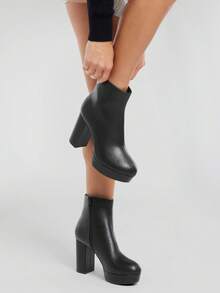 Solezae Women's Casual Block Heel Faux Leather Platform Zip Up Booties For Christmas Valentine's Day - Black - View 2