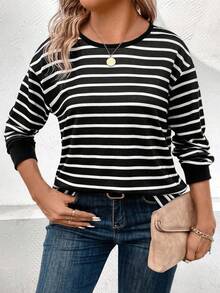 EMERY ROSE Women's Striped Pattern Print Crew Neck Long Sleeve Casual Versatile Plus Size T-Shirt, Autumn/Winter - Multicolor - View 6