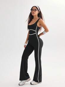 Easithlete 撞色饰边瑜伽休闲运动连体裤 - 黑色 - 查看 6