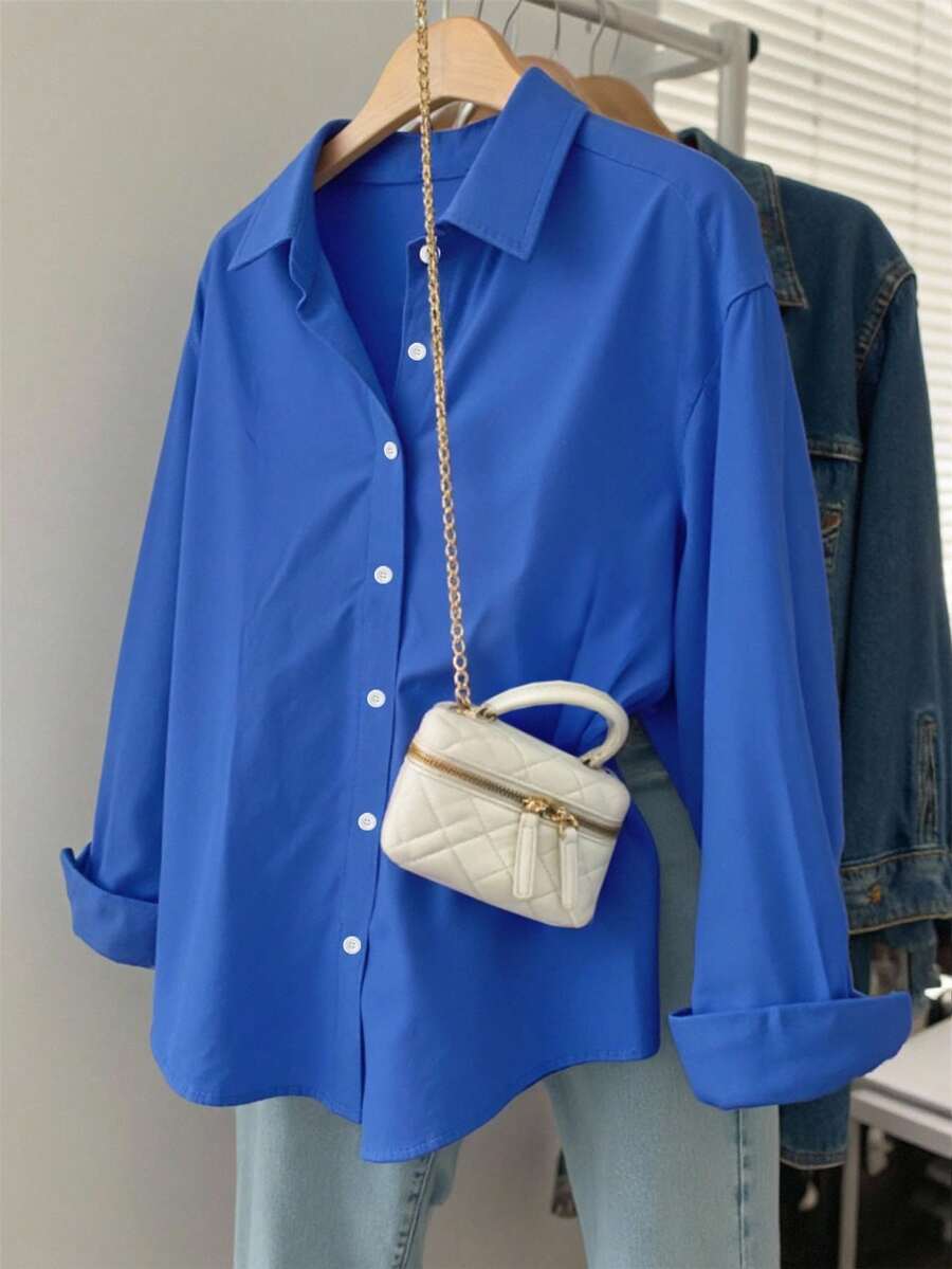 INAWLY Camisa casual de manga larga, de un solo pecho, de unicolor y holgada para mujer - azul real - Ver 1
