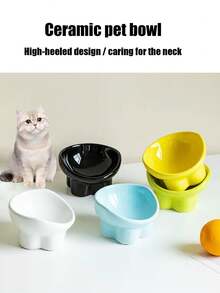 PETSIN 1个高脚陶瓷碗猫碗狗碗宠物碗斜口保护颈部防止翻倒猫碗饮水食盆宠物用品 - 斜口高腳碗款 - 查看 3