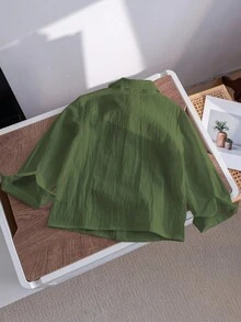 SHEIN 1 件男童休闲校园运动军绿色长袖衬衫，适合春、夏、秋、冬 - 軍綠色 - 查看 2