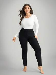 Comfylo Plus Size Women's Thermal Lined Long Leggings Work/Office Gym Fall Work/Office Gym Autumn High Stretch Ribbed Leggings Fall/Winter Chic Winter Thermal Lined Leggings - Dark Green - View 11