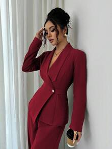 Elenzga Women's Elegant Lapel V-Neck Long Sleeve Unique Design Waist Belt Buttoned High-End Blazer Jacket And Straight Wide-Leg Pants Two Pieces Suit, Suitable For Work Commute In Autumn