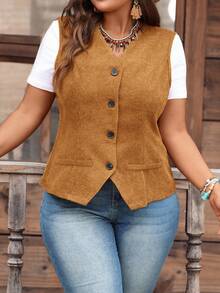 EMERY ROSE Plus Size Women Solid Color Single-Breasted Corduroy Vest Coat, Autumn, Fall For Women, Western Wear Women, Autumn Winter - Khaki - View 6
