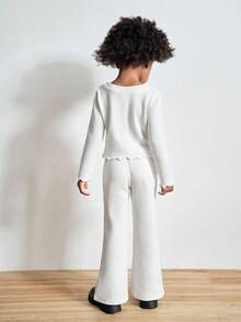 Maija Kids Maija Kids 2件套少女V领蝴蝶结装饰长袖T恤和裤子套装 - 白色 - 查看 2