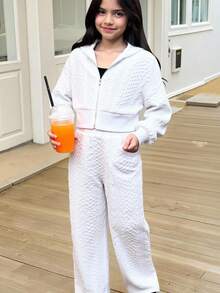 SHEIN Tween Girl Loose Casual Minimalist Comfortable Hoodie And Pants Set Fall Winter - White - View 6