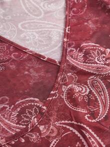 SHEIN ICON 女士外出夏威夷波西米亚风佩斯利印花西部性感度假喇叭长袖透视腰腰果印花网眼衬衫 - 酒紅色 - 查看 3