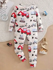 小男孩简约红色卡车印花长袖连体衣睡衣 - 彩色 - 查看 2