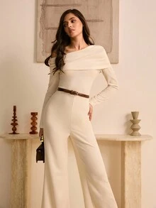 Lyxana Bộ đồ liền thân lệch vai màu trơn thanh lịch tối giản dành cho nữ - Màu be - Xem 3